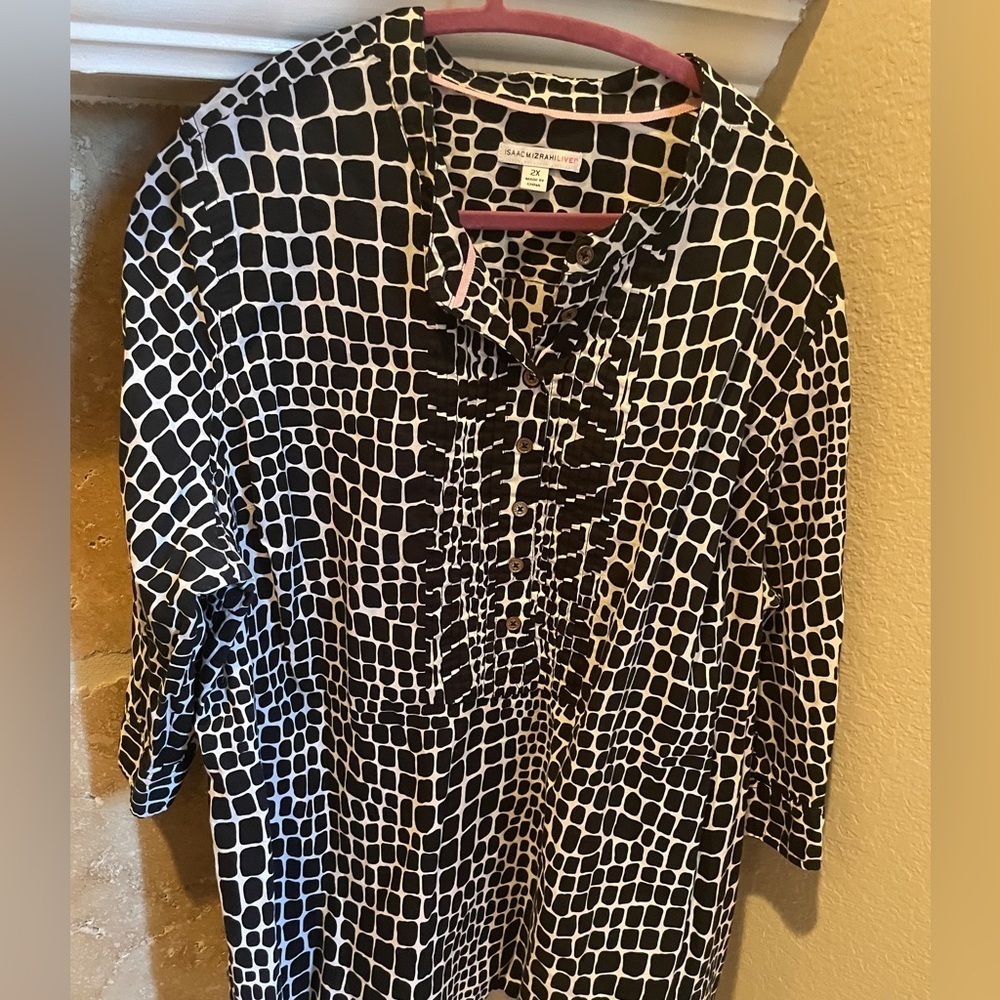 NWOT Isaac Mizrahi Live Black White Mandarin Collar Pullover Cotton Blouse 2X